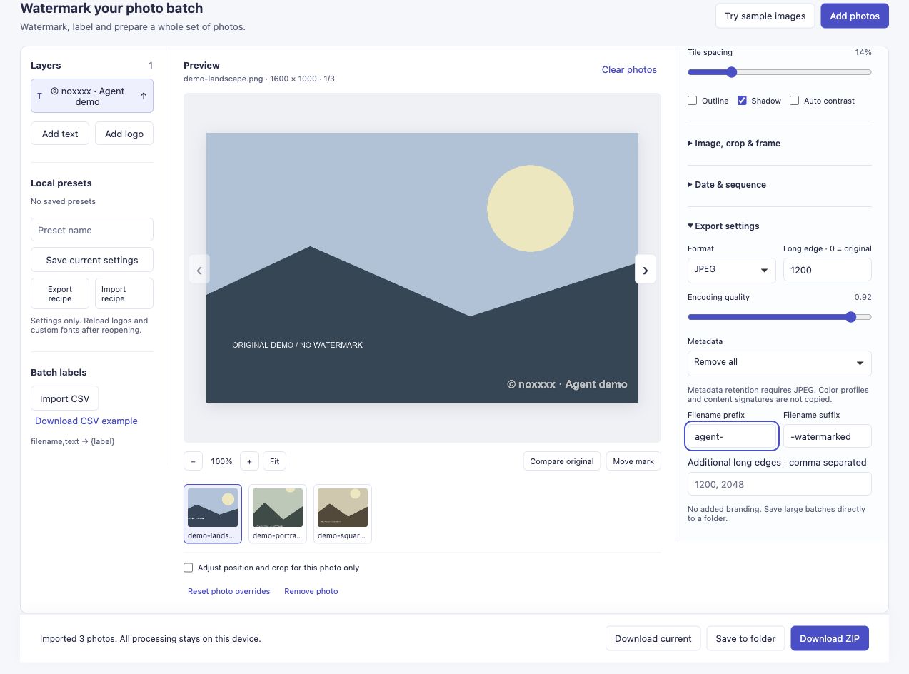 Actual browser-agent setup with three imported photos and the requested text and export settings