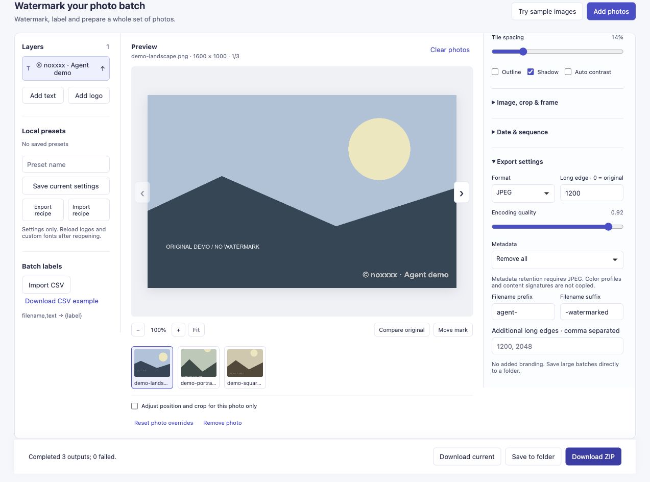 The actual tool reports three completed outputs and zero failures after the agent-run export